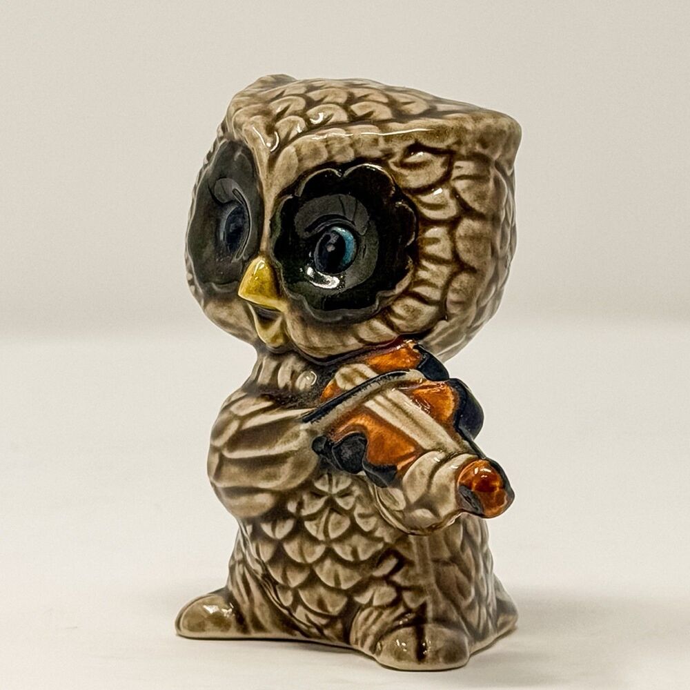 Vintage Owl Figurine Violin Player Japan Ceramic Big Eyes 3 Inch - Picture 3 of 8